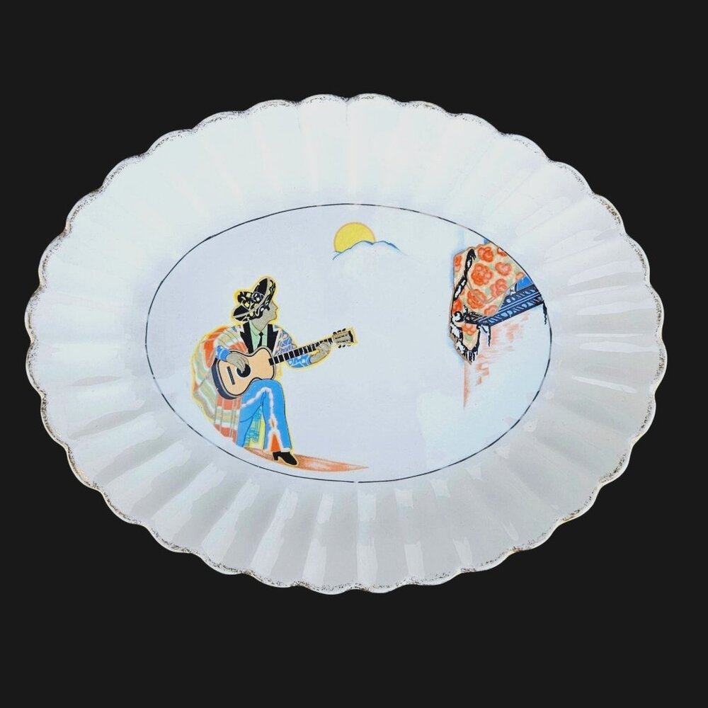 1930s Vernon Kilns Romeo & Juliet Oval Platter Mexican Serenade 11 x 9 In